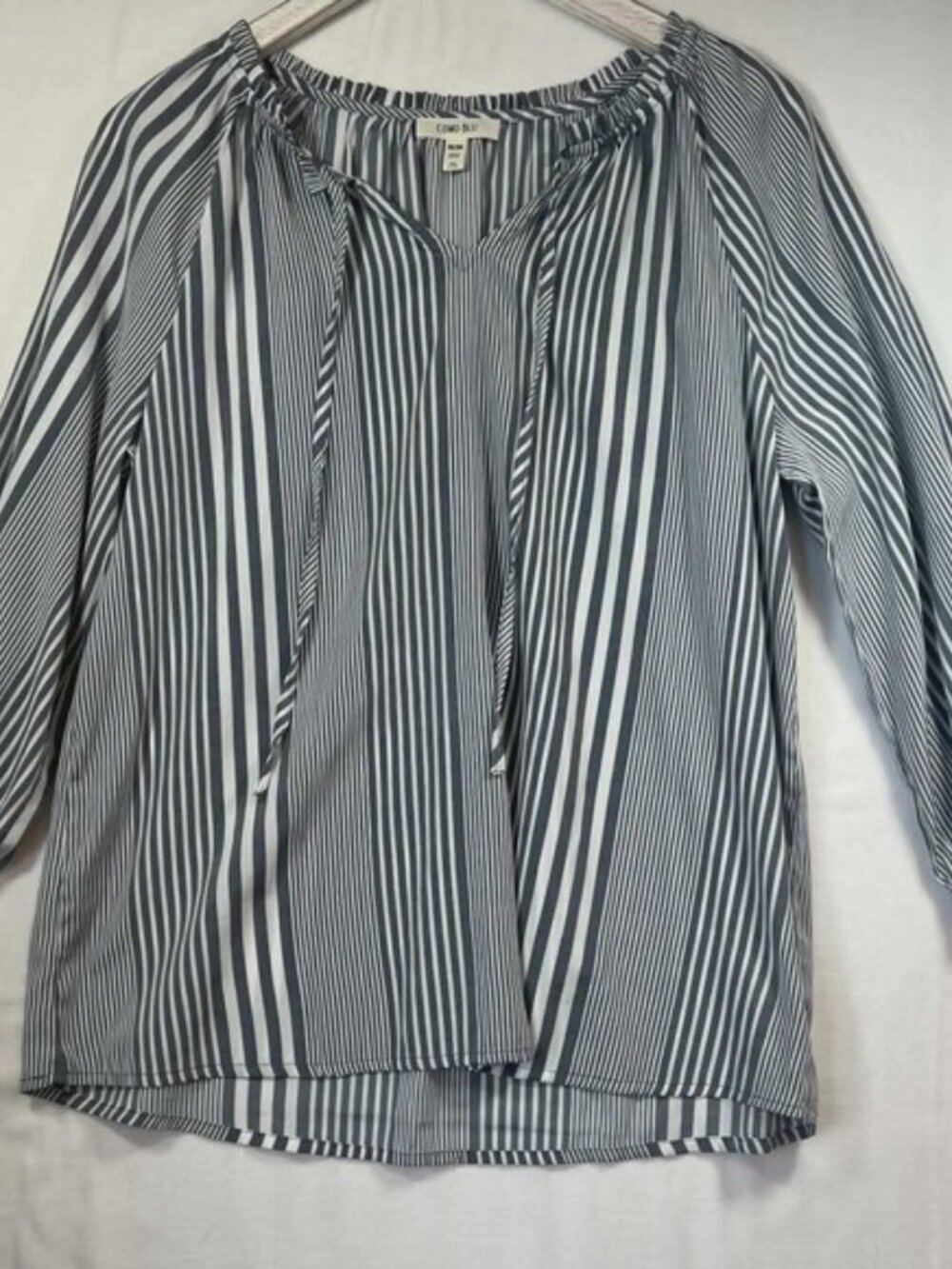 Como Blu Navy White Striped Tie Neck Peasant Blouse Top Womens Medium M‎